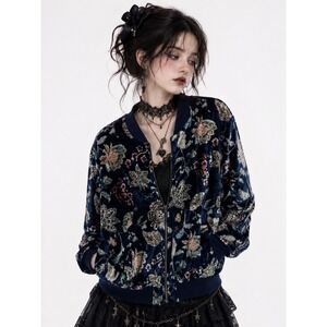 Sybilla Velvet Floral‎ Bomber Jacket Women Large Boho Indie Whimsigoth Y2K Fairy